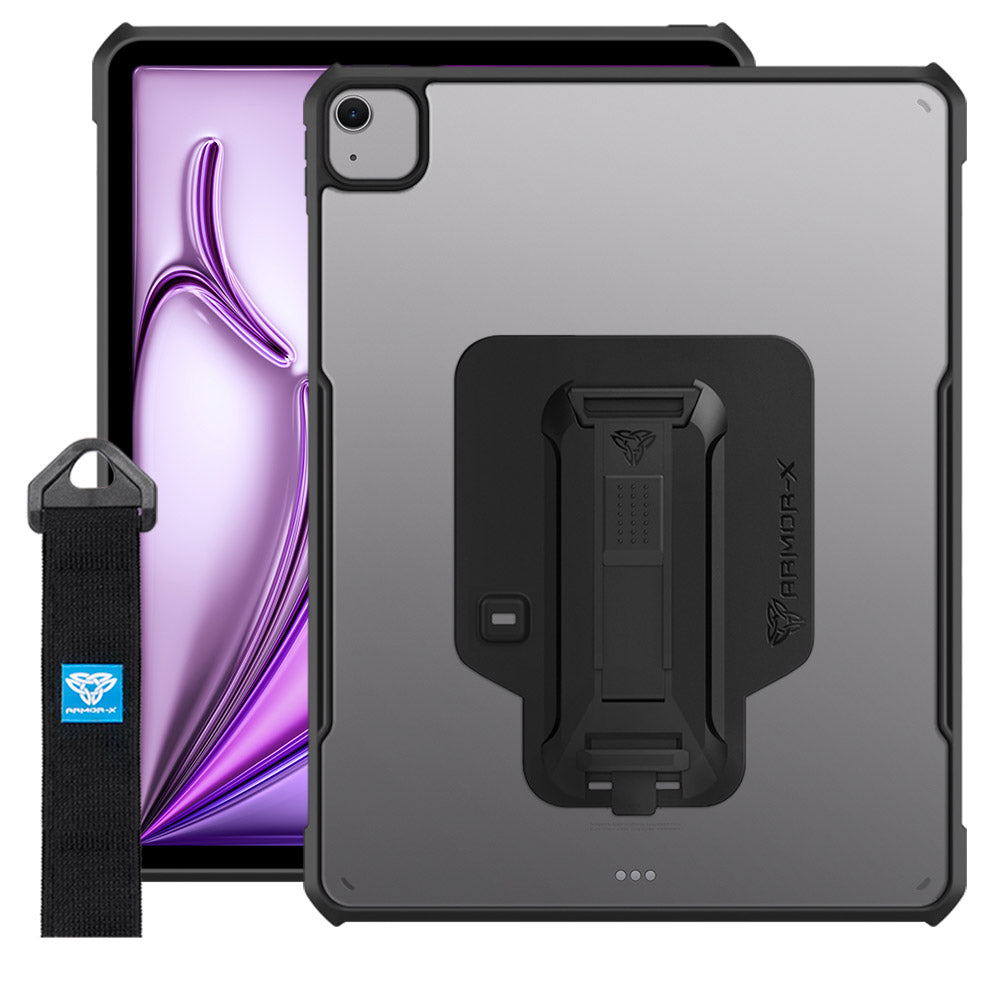 DXS-iPad-A6 | iPad Air 13 (M2) / (M3) | Ultra slim 4 corner Anti-impact tablet case with hand strap kick-stand & X-Mount Supports Apple Pencil Pro Wireless Charging