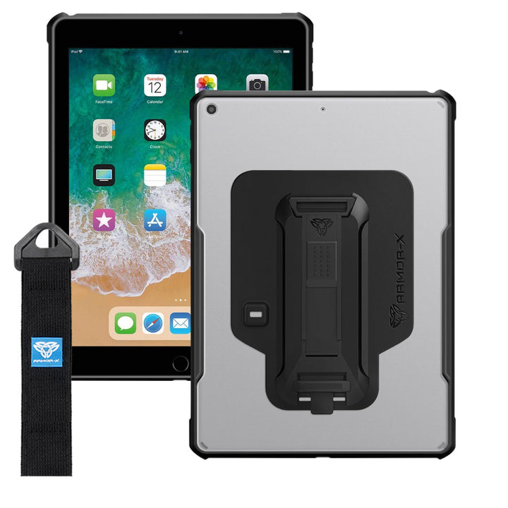 DXS-iPad-N2 | iPad 9.7 ( 5th / 6th Gen. ) 2017 / 2018 | Ultra slim 4 corner Anti-impact tablet case with hand strap kick-stand & X-Mount