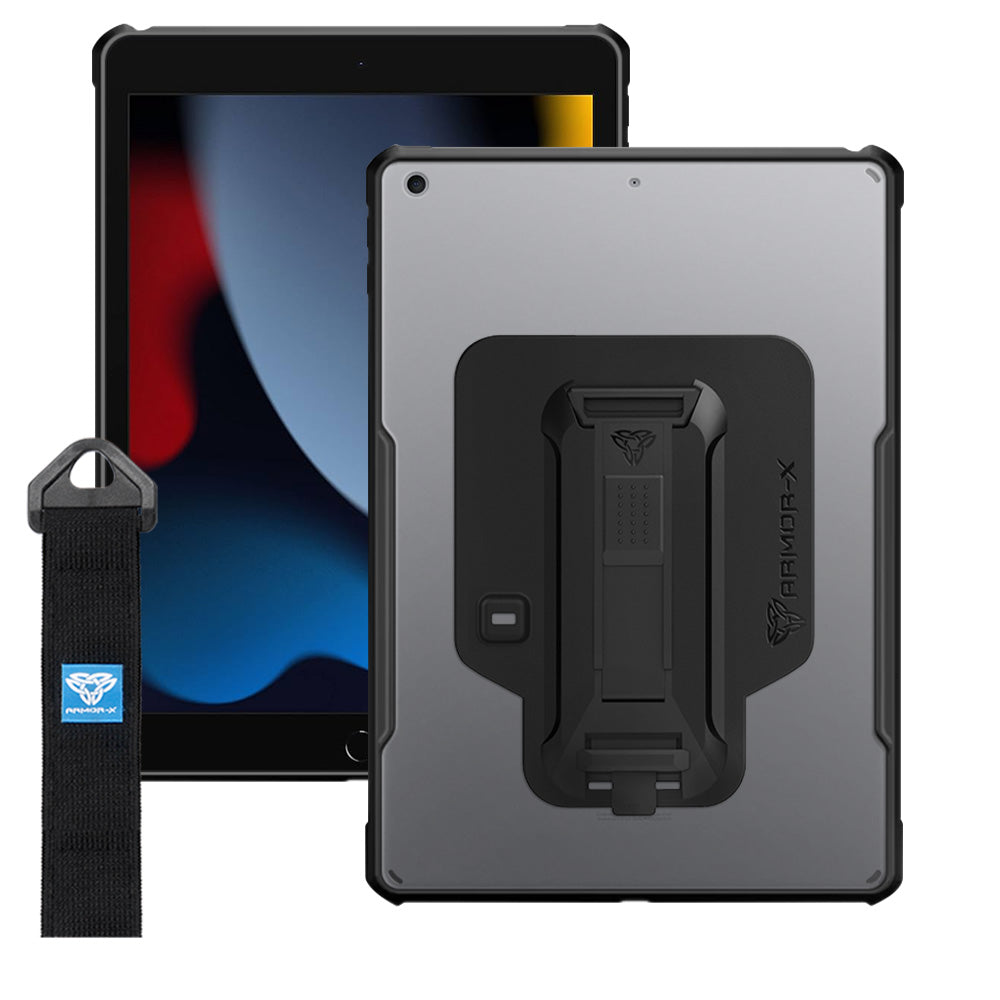DXS-iPad-N3 | iPad 10.2 (7th & 8th & 9th Gen.) 2019 / 2020 / 2021 | Ultra slim 4 corner Anti-impact tablet case with hand strap kick-stand & X-Mount