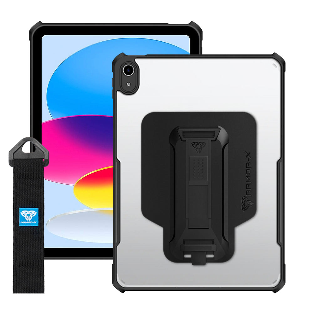 ARMOR-X iPad 10.9 shockproof case, impact protection cover with hand strap and kick stand. One-handed design for your workplace.