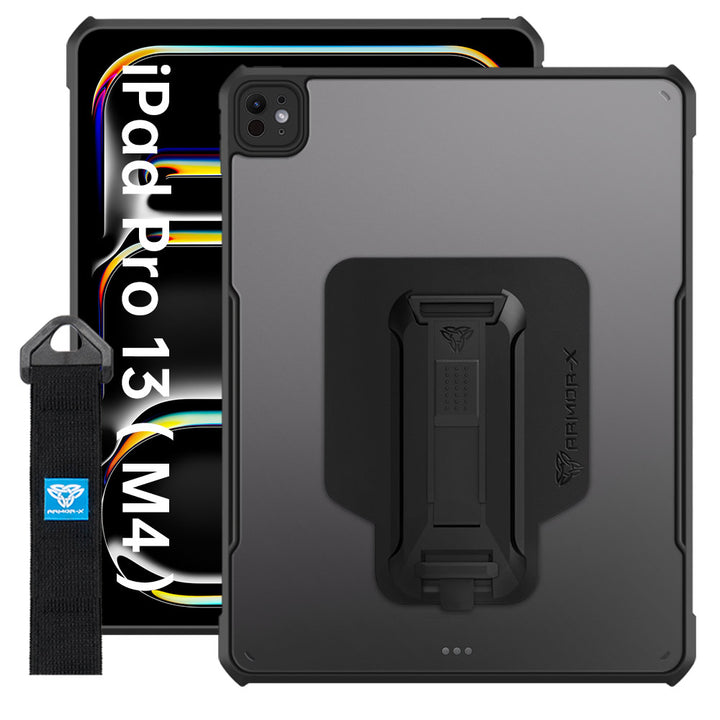 ARMOR-X iPad Pro 13 ( M4 ) shockproof case, impact protection cover with hand strap and kick stand. One-handed design for your workplace.