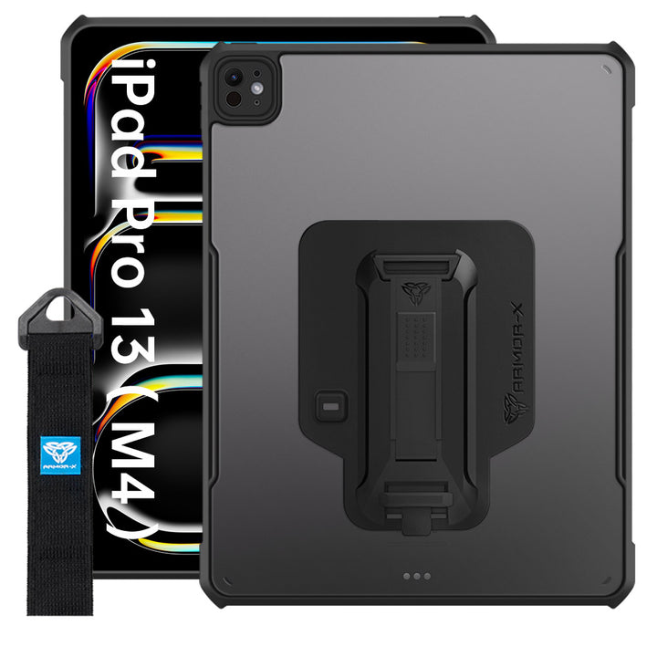 DXS-iPad-PR10 | iPad Pro 13 (M4) / (M5) | Ultra slim 4 corner Anti-impact tablet case with hand strap kick-stand & X-Mount Supports Apple Pencil Pro Wireless Charging