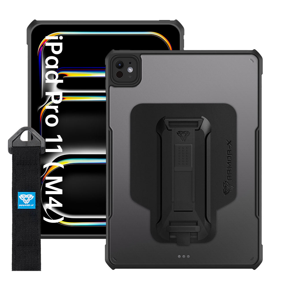 ARMOR-X iPad Pro 11 ( M4 ) shockproof case, impact protection cover with hand strap and kick stand. One-handed design for your workplace.