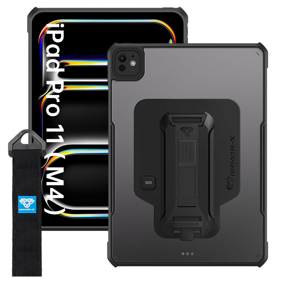 DXS-iPad-PR11 | iPad Pro 11 (M4) / (M5) | Ultra slim 4 corner Anti-impact tablet case with hand strap kick-stand & X-Mount Supports Apple Pencil Pro Wireless Charging