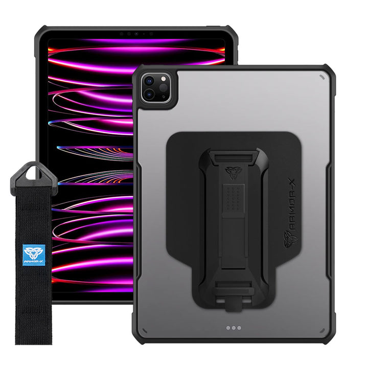 ARMOR-X iPad Pro 11 ( 1st / 2nd / 3rd / 4th Gen. ) 2018 / 2020 / 2021 / 2022 shockproof case, impact protection cover with hand strap and kick stand. One-handed design for your workplace.