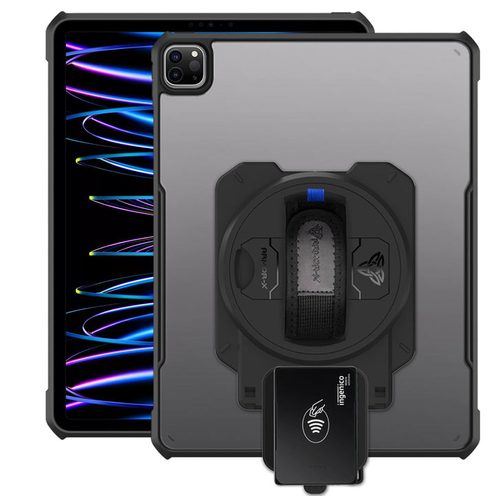 EX2-DAN-iPad-PR7 | iPad Pro 12.9 ( 3rd / 4th / 5th / 6th Gen. ) 2018 / 2020 / 2021 / 2022 | Ultra Slim 4 Corner Anti-Impact Tablet Case With Ingenico Moby 5500 Card Reader Holder Supports Apple Pencil 2 Wireless Charging