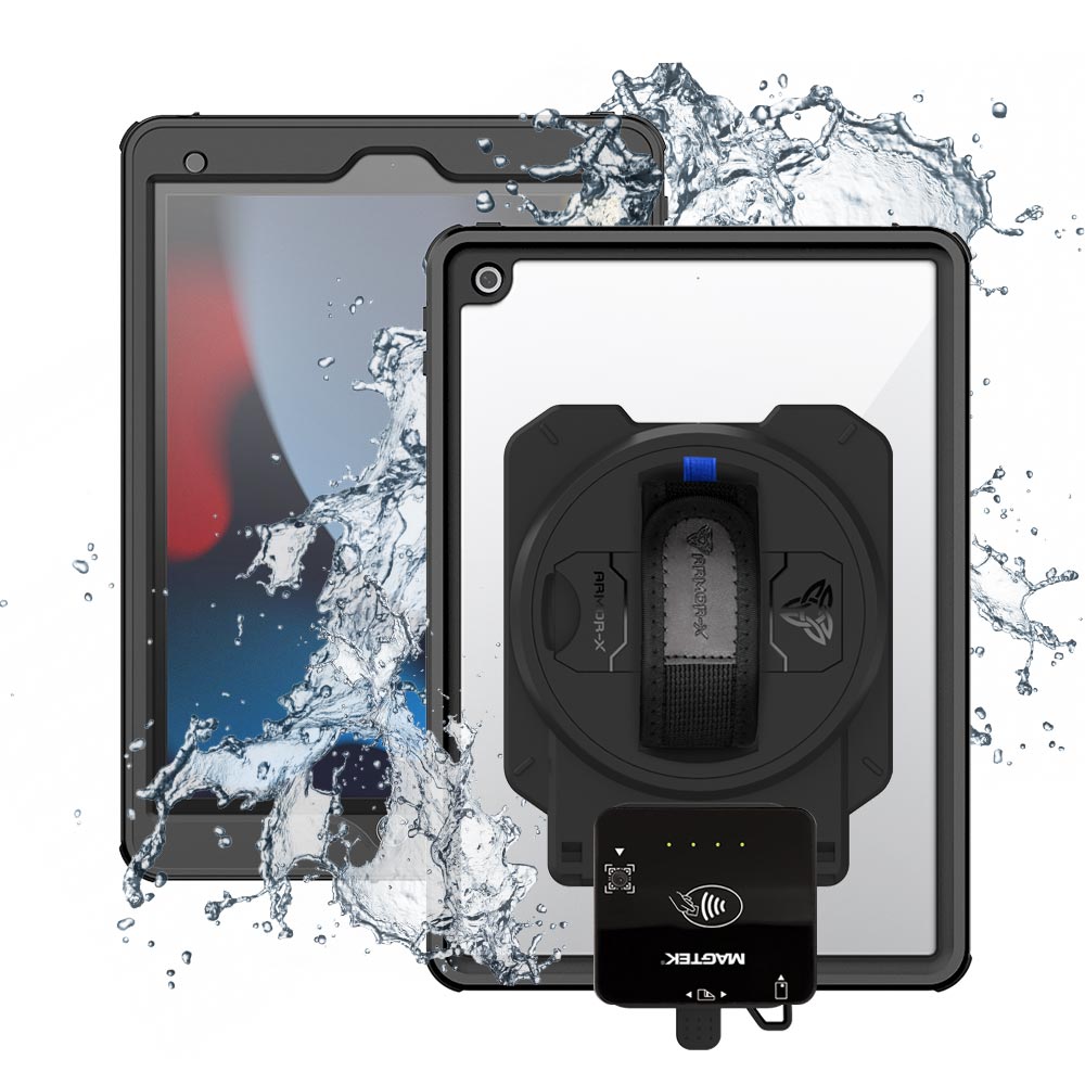 EX2-MAN-A10S | iPad 10.2 (7th & 8th & 9th Gen.) 2019 / 2020 / 2021 | IP68 Waterproof, Shock & Dust Proof Case With Magtek DynaFlex II Go Card Reader Holder