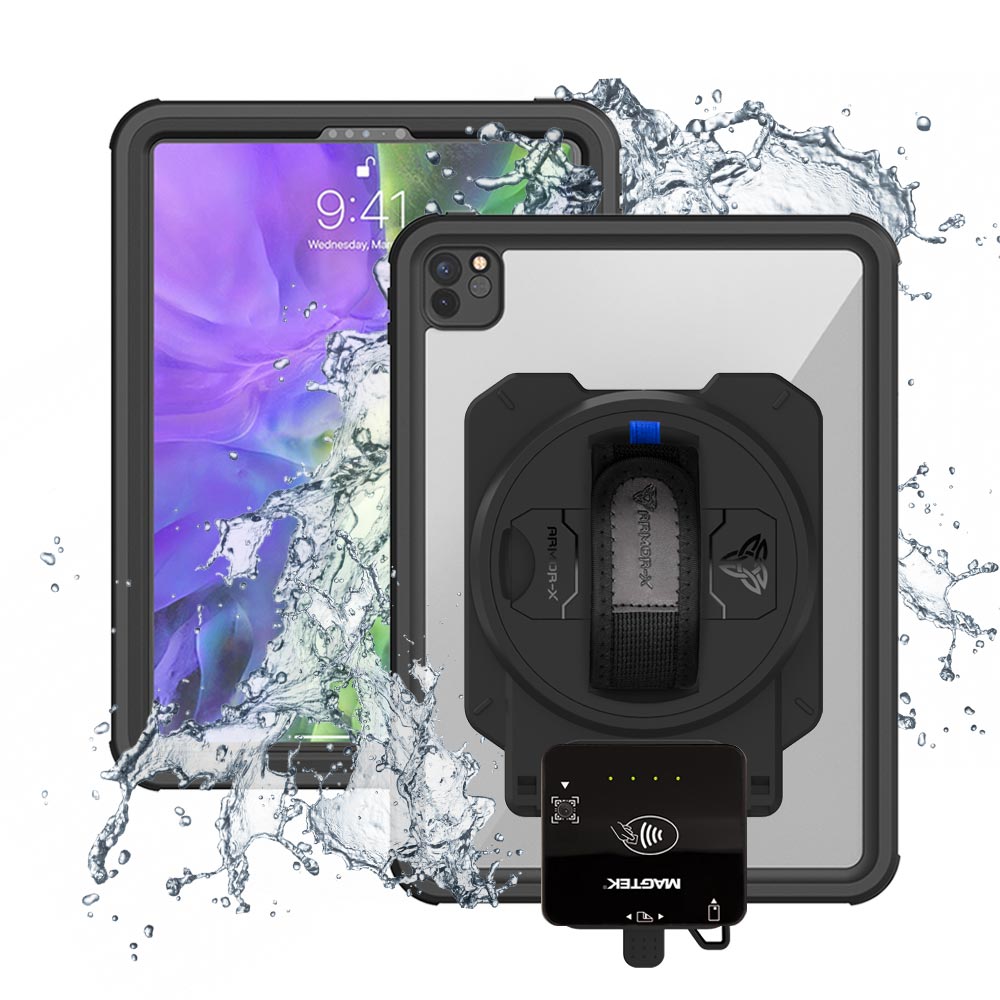 EX2-MAN-A12S | iPad Pro 11 ( 2nd Gen ) 2020 | IP68 Waterproof, Shock & Dust Proof Case With Magtek DynaFlex II Go Card Reader Holder