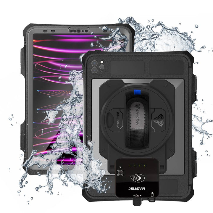 EX2-MAN-A15SPN | iPad Pro 11 ( 2nd / 3rd / 4th Gen. ) 2020 / 2021 / 2022 | IP68 Waterproof, Shock & Dust Proof Case With Magtek DynaFlex II Go Card Reader Holder & Pencil Holder Supports Apple Pencil 2 Wireless Charging