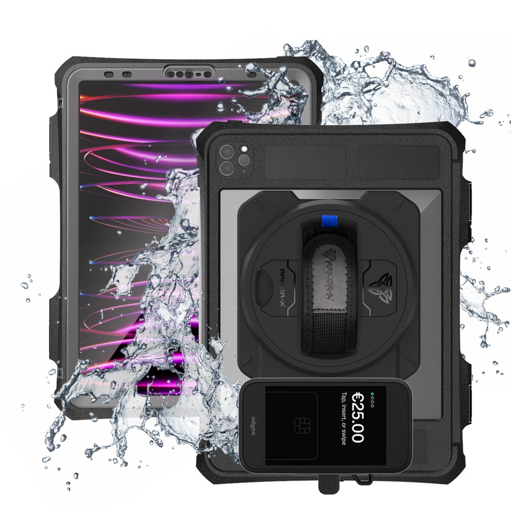 EX2-MAN-A15SPN | iPad Pro 11 ( 2nd / 3rd / 4th Gen. ) 2020 / 2021 / 2022 | IP68 Waterproof, Shock & Dust Proof Case With Adyen AMS1 Card Reader Holder & Pencil Holder Supports Apple Pencil 2 Wireless Charging