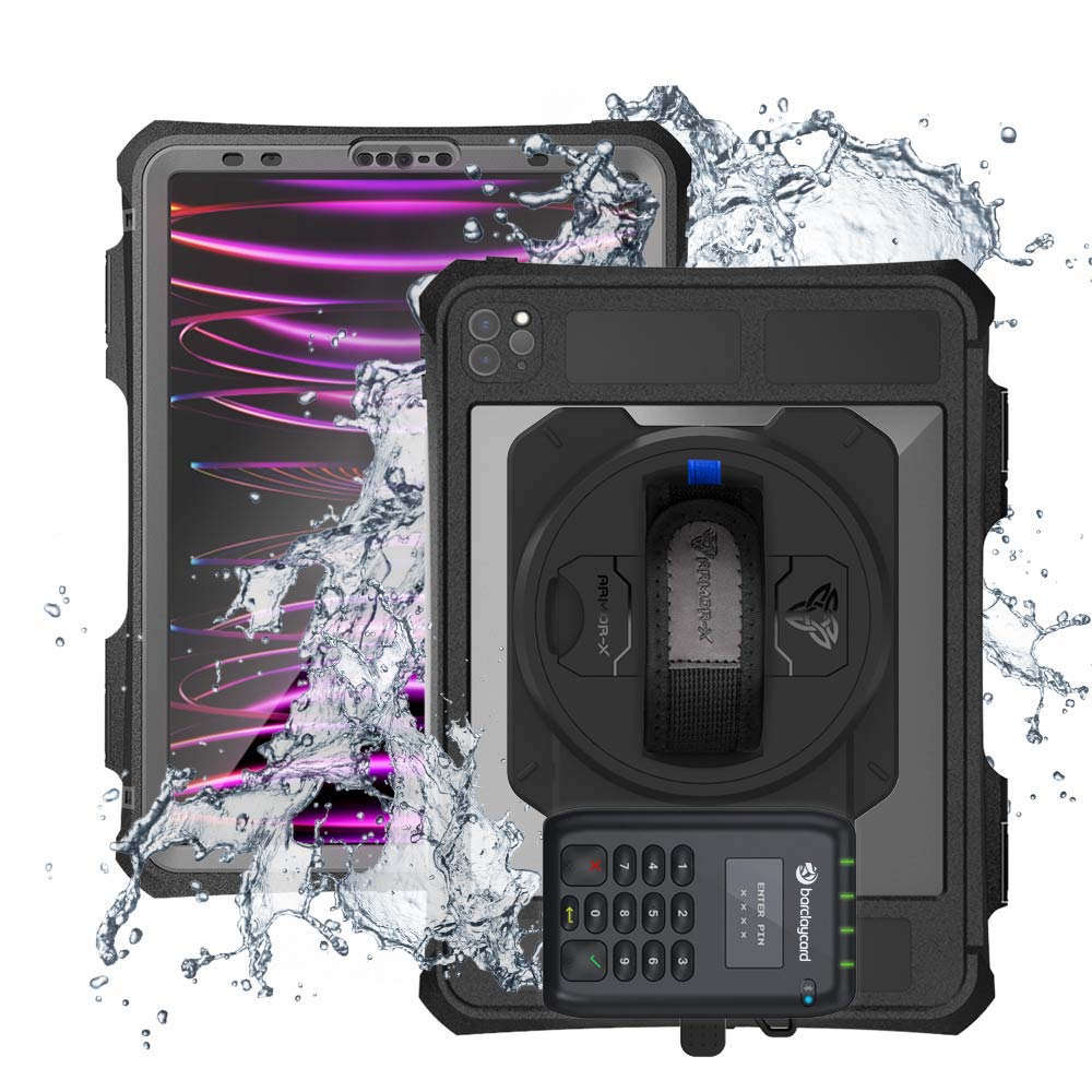 EX2-MAN-A15SPN | iPad Pro 11 ( 2nd / 3rd / 4th Gen. ) 2020 / 2021 / 2022 | IP68 Waterproof, Shock & Dust Proof Case With Barclaycard Card Reader Holder & Pencil Holder Supports Apple Pencil 2 Wireless Charging