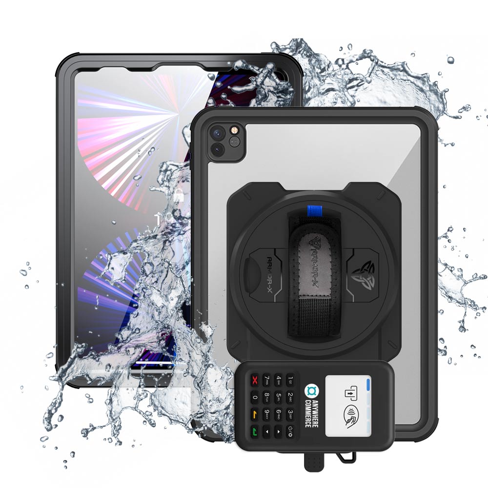 EX2-MAN-A15S | iPad Pro 11 ( 3rd / 4th Gen ) 2021 / 2022 | IP68 Waterproof, Shock & Dust Proof Case With AnywhereCommerce Nomad WP3 Credit Card Reader Holder