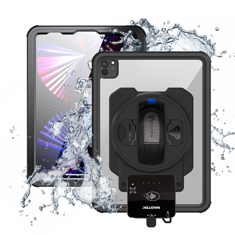 EX2-MAN-A15S | iPad Pro 11 ( 3rd / 4th Gen ) 2021 / 2022 | IP68 Waterproof, Shock & Dust Proof Case With Magtek DynaFlex II Go Card Reader Holder