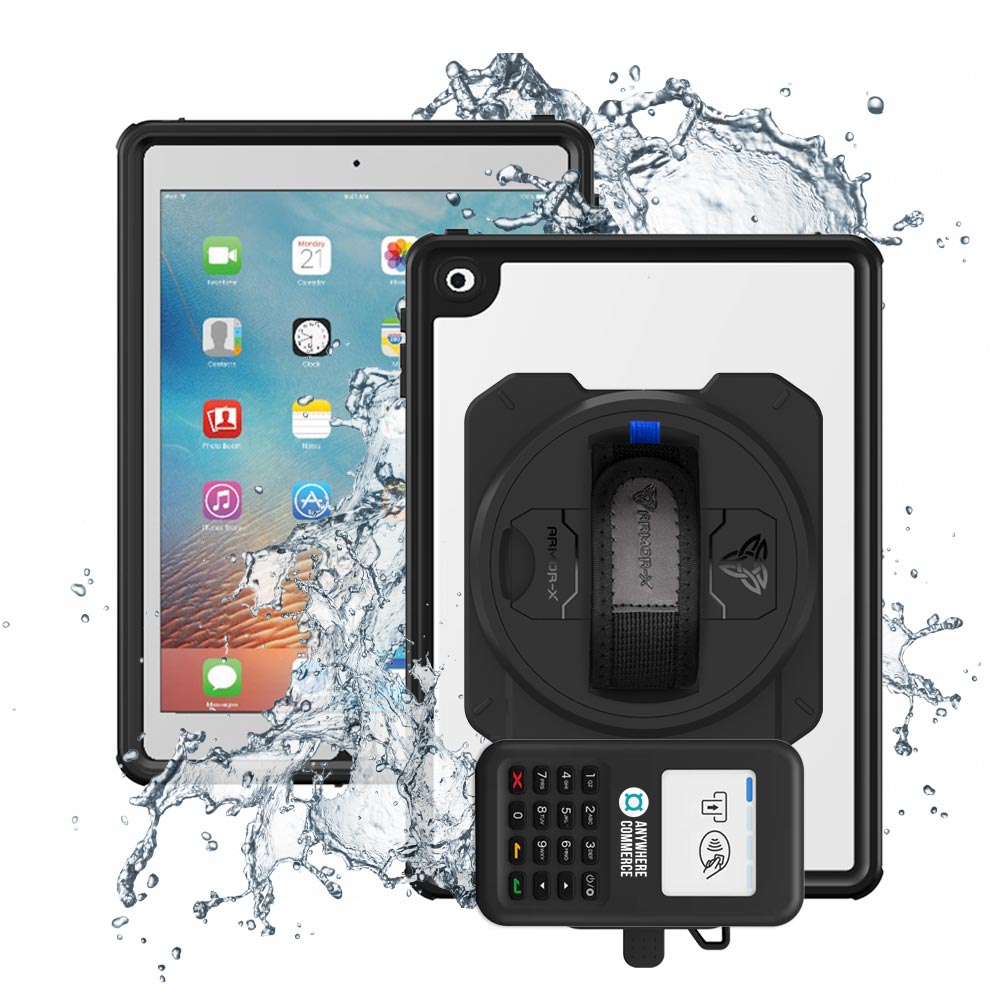 EX2-MAN-A7S | iPad 9.7 ( 5th / 6th Gen. ) 2017 / 2018 | IP68 Waterproof, Shock & Dust Proof Case With AnywhereCommerce Nomad WP3 Credit Card Reader Holder