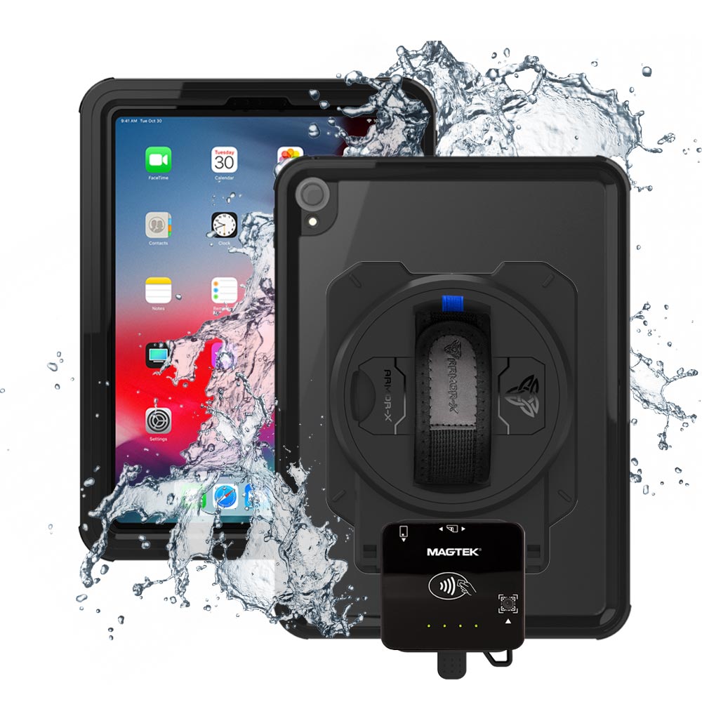 EX2-MAN-A9S | iPad Pro 11 ( 1st Gen. ) 2018 | IP68 Waterproof, Shock & Dust Proof Case With Magtek DynaFlex II Go Card Reader Holder
