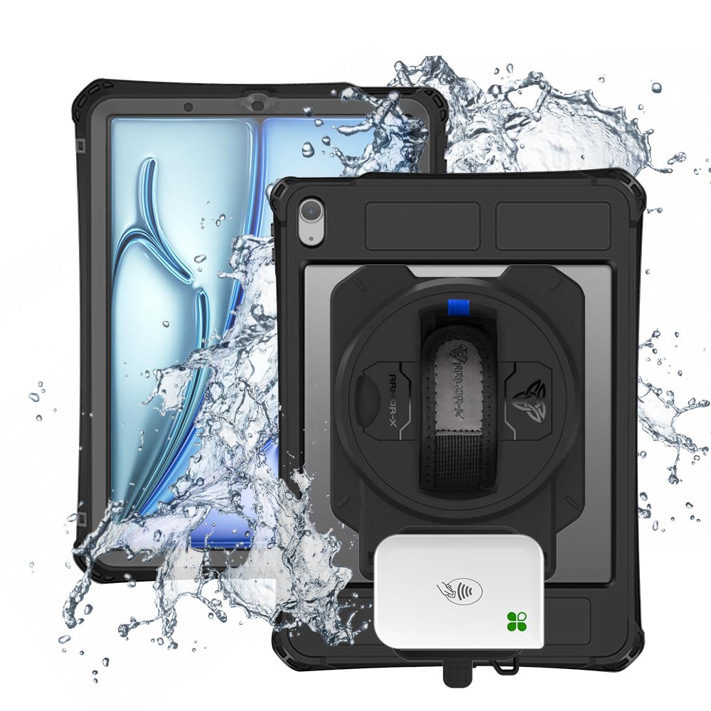 EX2-MAN-iPad-A5PN | iPad Air 11 (M2) / (M3) | IP68 Waterproof, Shock & Dust Proof Case With Adyen AMS1 Card Reader Holder Supports Apple Pencil Pro Wireless Charging
