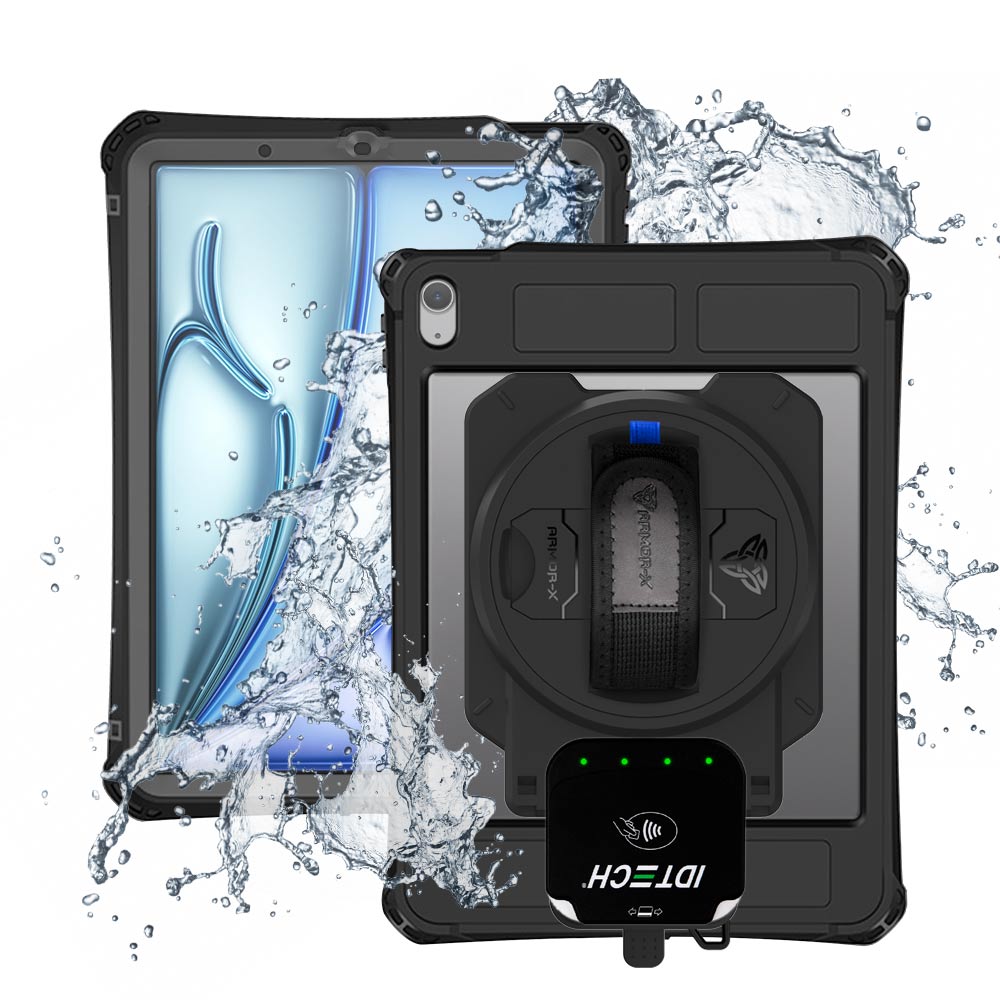 EX2-MAN-iPad-A5PN | iPad Air 11 (M2) / (M3) | IP68 Waterproof, Shock &amp; Dust Proof Case With ID TECH VP3350 Card Reader Holder Supports Apple Pencil Pro Wireless Charging
