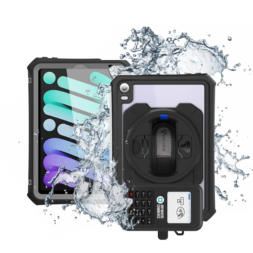 EX2-MAN-iPad-M6PN | iPad mini (A17 Pro) | IP68 Waterproof, Shock & Dust Proof Case With AnywhereCommerce Nomad WP3 Credit Card Reader Holder Supports Apple Pencil Pro Wireless Charging