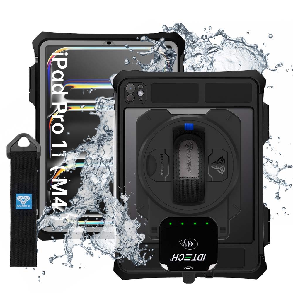 EX2-MAN-iPad-PR11PN | iPad Pro 11 (M4) / (M5) | IP68 Waterproof, Shock & Dust Proof Case With ID TECH VP3350 Card Reader Holder Supports Apple Pencil Pro Wireless Charging