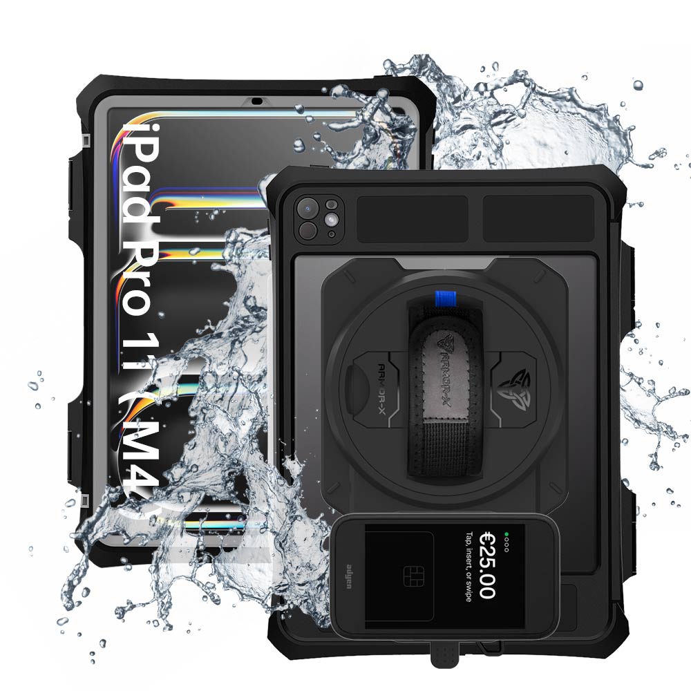 EX2-MAN-iPad-PR11PN | iPad Pro 11 ( M4 ) | IP68 Waterproof, Shock & Dust Proof Case With Adyen AMS1 Card Reader Holder Supports Apple Pencil Pro Wireless Charging