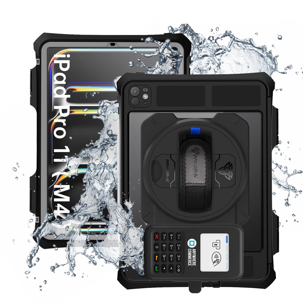 EX2-MAN-iPad-PR11PN | iPad Pro 11 ( M4 ) | IP68 Waterproof, Shock & Dust Proof Case With AnywhereCommerce Nomad WP3 Credit Card Reader Holder Supports Apple Pencil Pro Wireless Charging