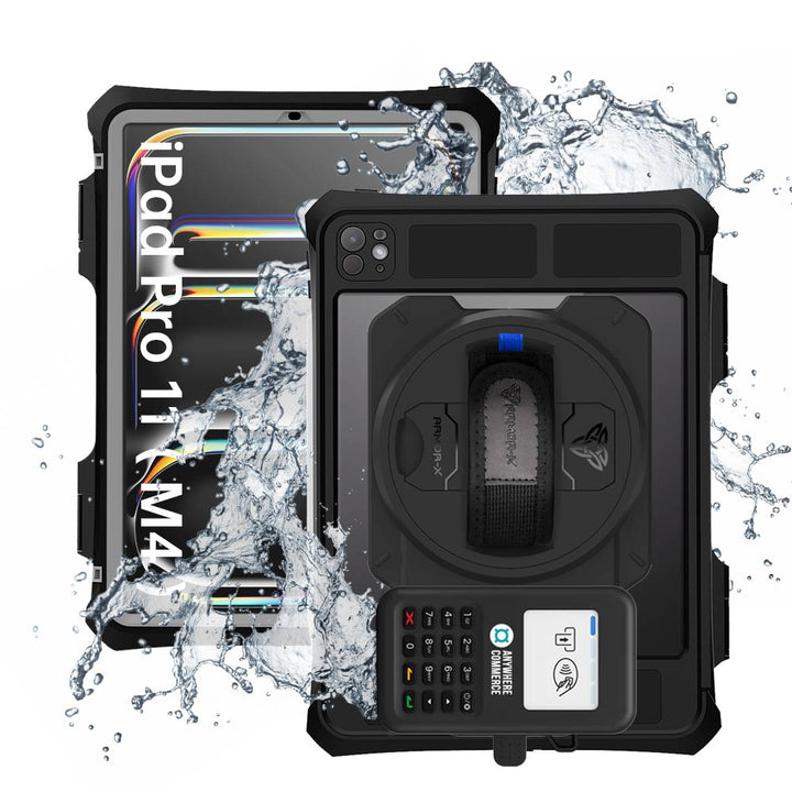 EX2-MAN-iPad-PR11PN | iPad Pro 11 ( M4 ) | IP68 Waterproof, Shock & Dust Proof Case With AnywhereCommerce Nomad WP3 Credit Card Reader Holder Supports Apple Pencil Pro Wireless Charging