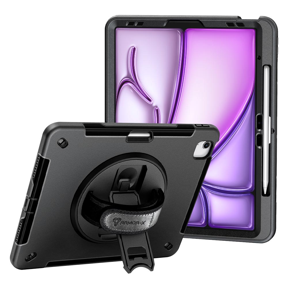 ARMOR-X iPad Air 13 ( M2 ) shockproof case, impact protection cover with hand strap and kick stand. One-handed design for your workplace.