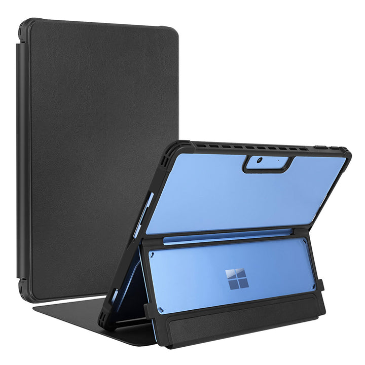 ARMOR-X Microsoft Surface Pro 11 / 10 / 9 Flip Protective Rugged Case Compatible with Type Cover Keyboard. Built with the tough PC back shell and the flexible TPU bumper, this case provides reliable protection against everyday shocks, drops, and impacts. The PU leather folio cover with soft microfiber lining helps reduce scratches caused by friction while keeping your device safe and clean.