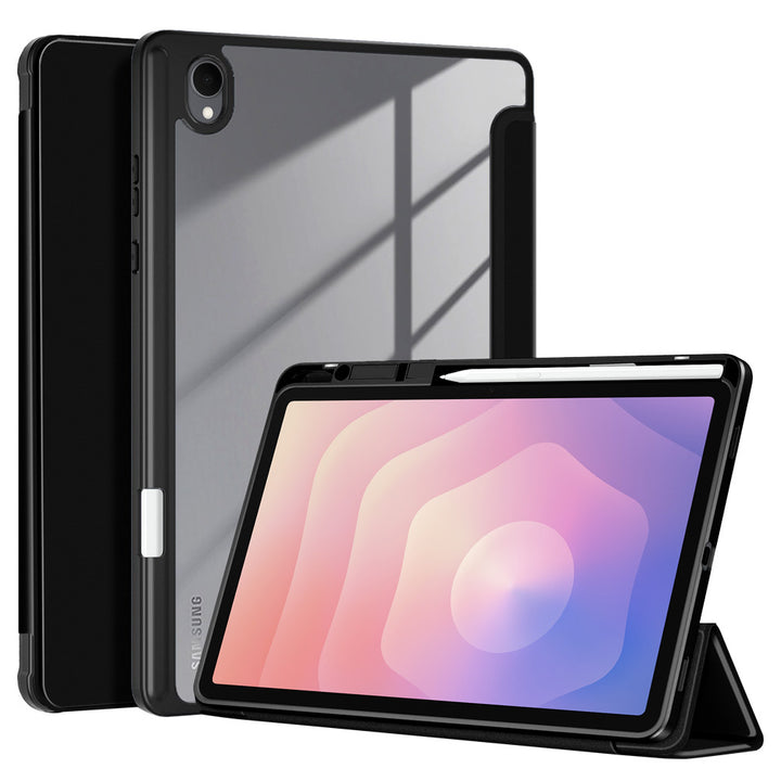 ARMOR-X Samsung Galaxy Tab S11 SM-X730 / X736 / X738 Smart Magnetic Folio Cover featuring a tri-fold stand, clear back, shockproof TPU bumper, auto wake/sleep, and magnetic S Pen holder.