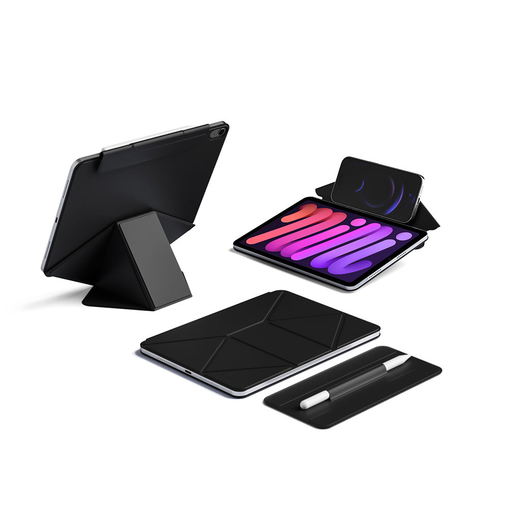 ARMOR-X iPad mini 6 Foldable Magnetic Stand Cover with Detachable Pencil Holder. Designed for ultimate versatility, this case folds effortlessly into multiple stable angles—perfect for typing, sketching, reading, or streaming.