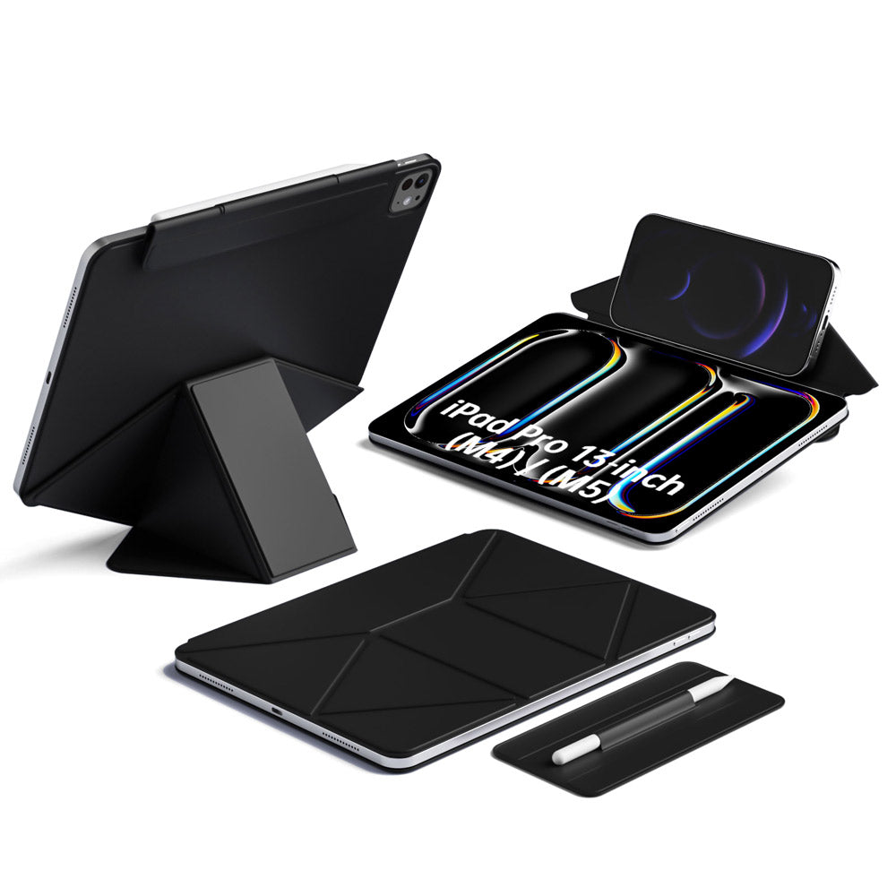 ARMOR-X iPad Pro 13 (M4) / (M5) Foldable Magnetic Stand Cover with Detachable Pencil Holder. Designed for ultimate versatility, this case folds effortlessly into multiple stable angles—perfect for typing, sketching, reading, or streaming.