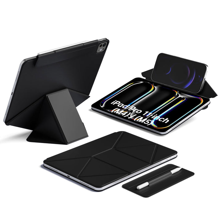 ARMOR-X iPad Pro 11 (M4) / (M5) Foldable Magnetic Stand Cover with Detachable Pencil Holder. Designed for ultimate versatility, this case folds effortlessly into multiple stable angles—perfect for typing, sketching, reading, or streaming.