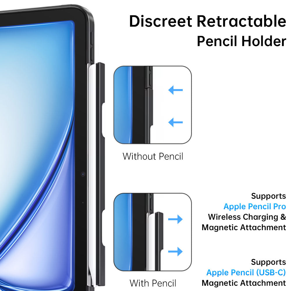 ARMOR-X iPad Air 11 ( M2 ) rotatable & slidable magnetic cover with multi-fold stand. The retractable pencil holder provides convenient and hidden storage.