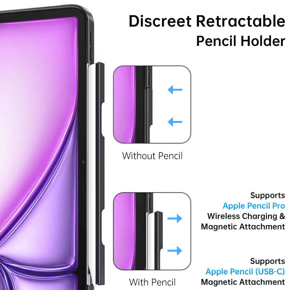 ARMOR-X iPad Air 13 ( M2 ) rotatable & slidable magnetic cover with multi-fold stand. The retractable pencil holder provides convenient and hidden storage.