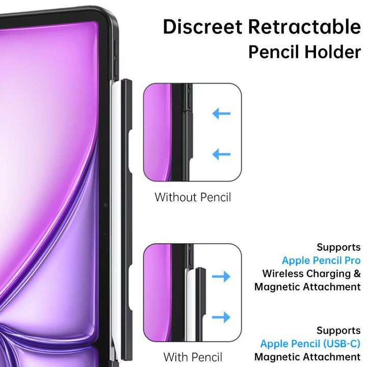 ARMOR-X iPad Air 13 ( M2 ) rotatable & slidable magnetic cover with multi-fold stand. The retractable pencil holder provides convenient and hidden storage.