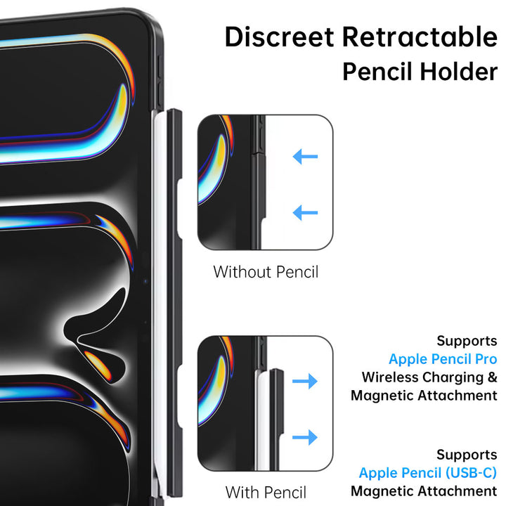 ARMOR-X iPad Pro 13 ( M4 ) rotatable & slidable magnetic cover with multi-fold stand. The retractable pencil holder provides convenient and hidden storage.