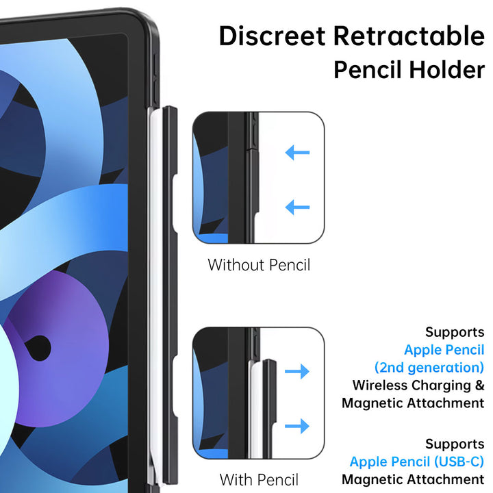 ARMOR-X iPad Air 4 2020 / iPad Air 5 2022 rotatable & slidable magnetic cover with multi-fold stand. The retractable pencil holder provides convenient and hidden storage.