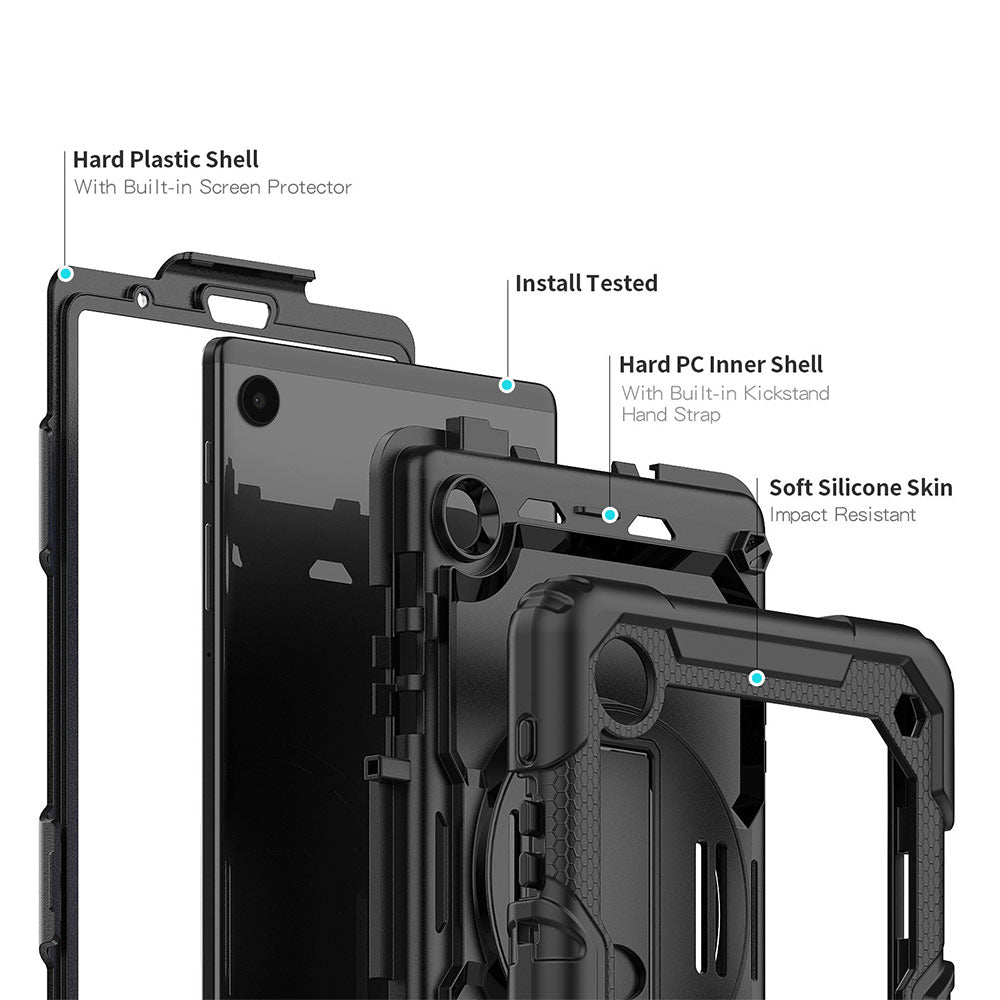 ARMOR-X Samsung Galaxy Tab A9 SM-X110 / SM-X115 shockproof case, impact protection cover with hand strap and kick stand. Ultra 3 layers impact resistant design.