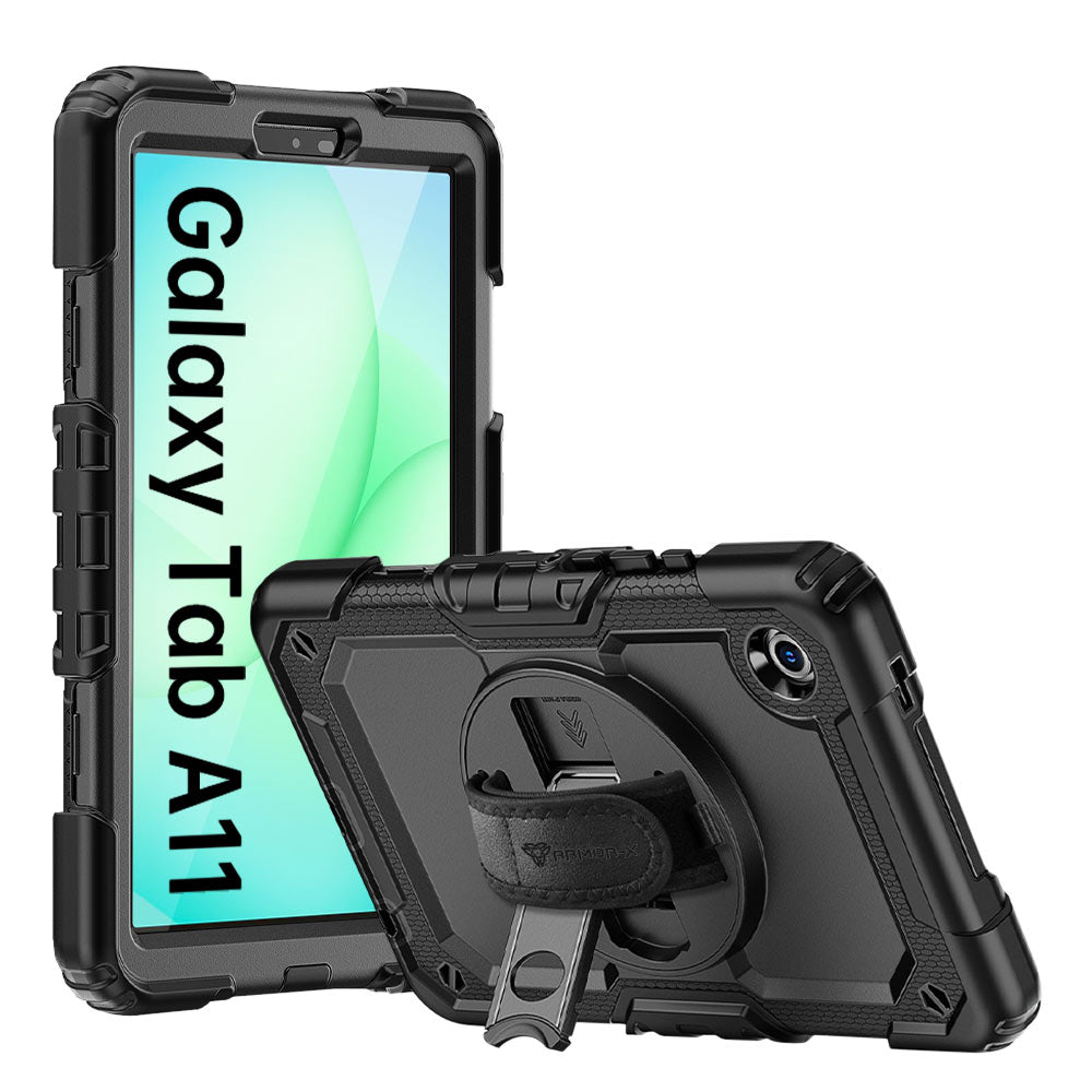 ARMOR-X Samsung Galaxy Tab A11 ( 8.7" ) SM-X133 / SM-X135 shockproof case, impact protection cover with hand strap and kick stand. One-handed design for your workplace.