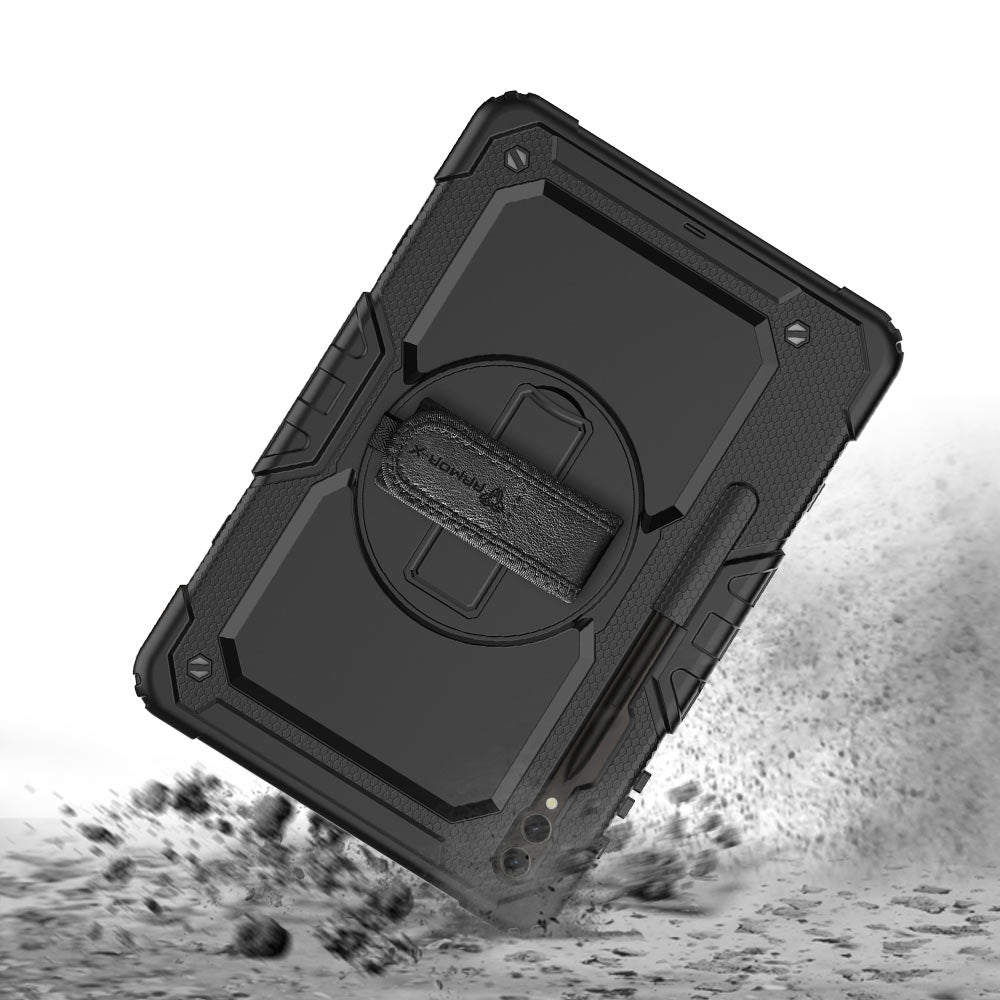 ARMOR-X Samsung Galaxy Tab S9 FE+ S9 FE Plus SM-X610 / X616B shockproof case, impact protection cover with hand strap and kick stand. Rugged protective case with the best dropproof protection.