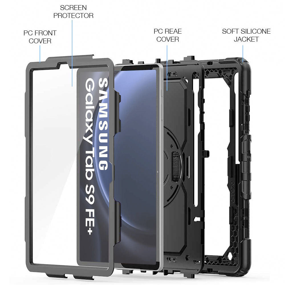 ARMOR-X Samsung Galaxy Tab S9 FE+ S9 FE Plus SM-X610 / X616B shockproof case, impact protection cover with hand strap and kick stand. Ultra 3 layers impact resistant design.