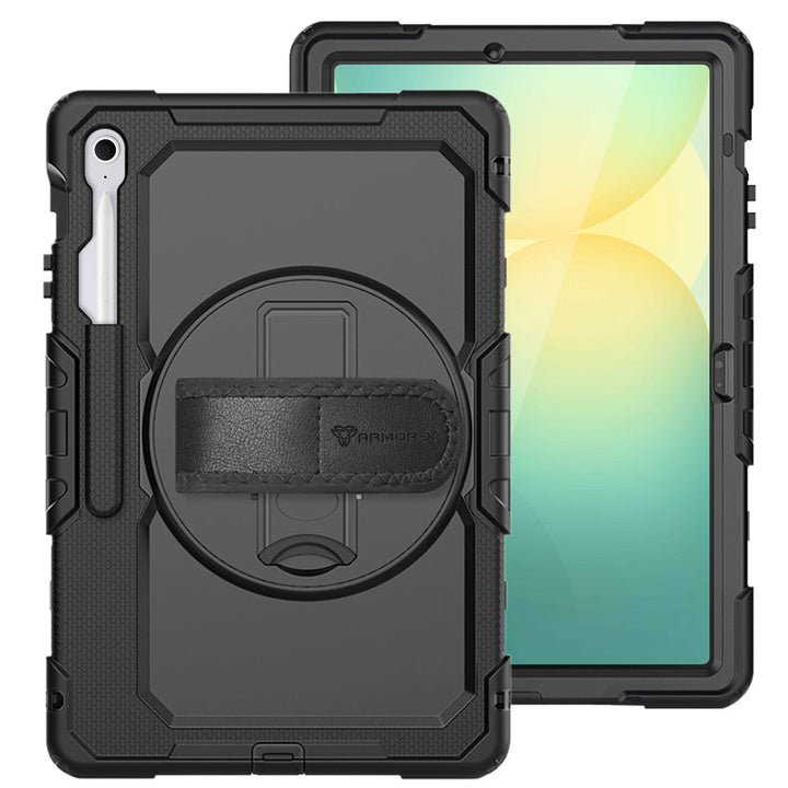 ARMOR-X Samsung Galaxy Tab S10 FE+ S10 FE Plus SM-X620 X626 X628 shockproof case, impact protection cover with hand strap and kick stand. One-handed design for your workplace.