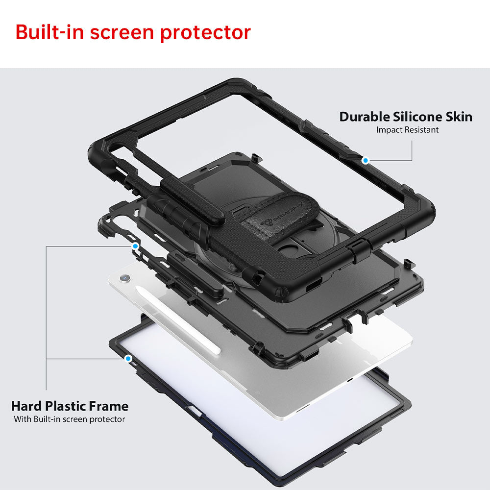 ARMOR-X Samsung Galaxy Tab S10 FE+ S10 FE Plus SM-X620 X626 X628 shockproof case, impact protection cover with hand strap and kick stand. Ultra 3 layers impact resistant design.