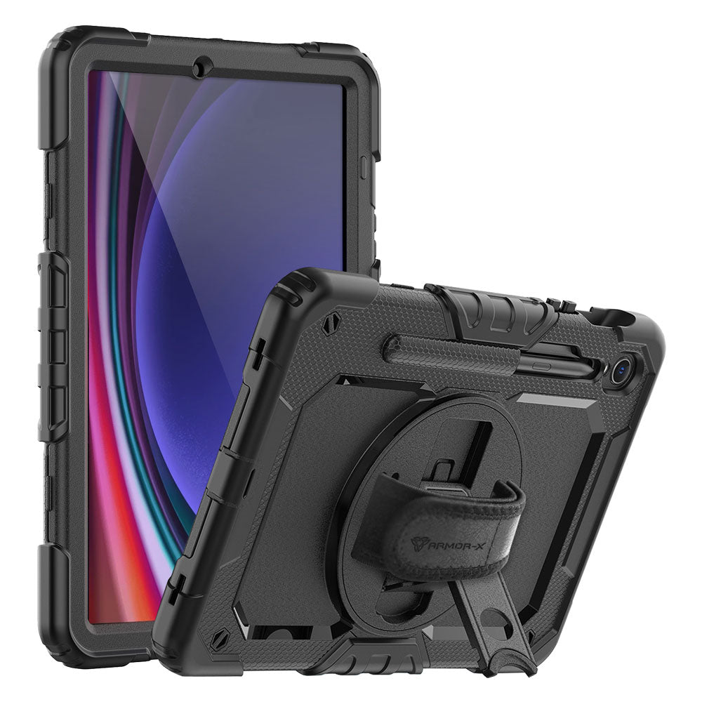 ARMOR-X Samsung Galaxy Tab S9 SM-X710 / X716 / X718 shockproof case, impact protection cover with hand strap and kick stand. One-handed design for your workplace.