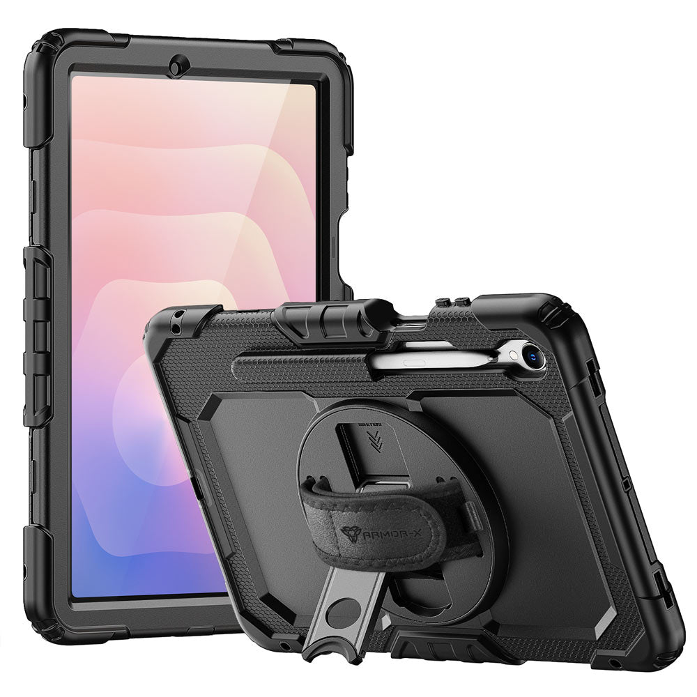 ARMOR-X Samsung Galaxy Tab S11 SM-X730 / X736 / X738 shockproof case, impact protection cover with hand strap and kick stand. One-handed design for your workplace.