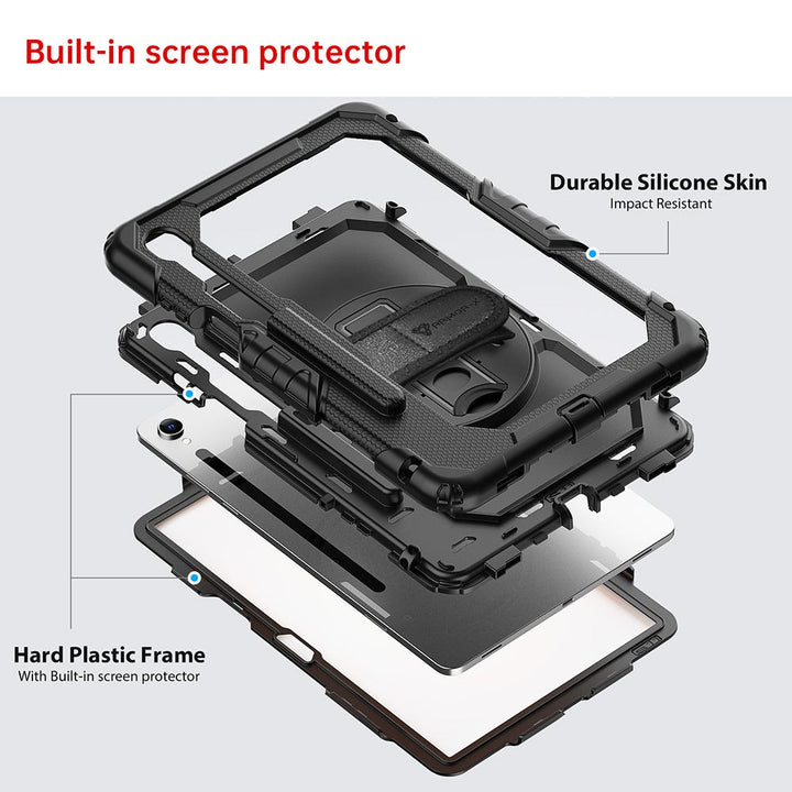 ARMOR-X Samsung Galaxy Tab S11 SM-X730 / X736 / X738 shockproof case, impact protection cover with hand strap and kick stand. Ultra 3 layers impact resistant design.
