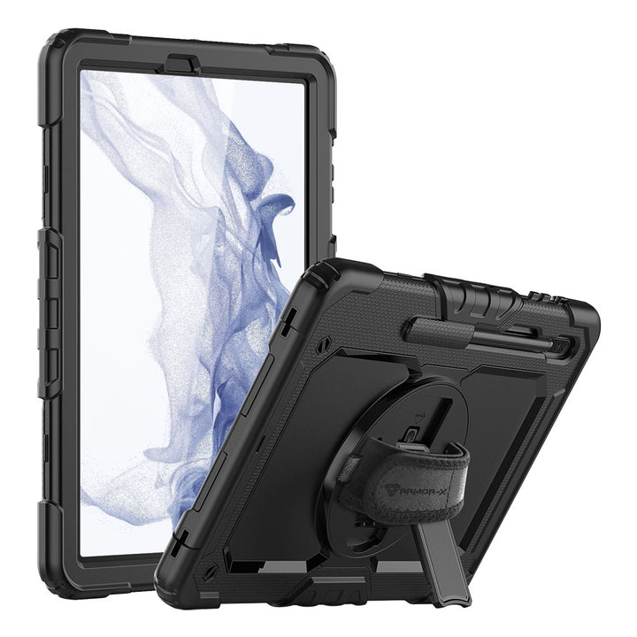 ARMOR-X Samsung Galaxy Tab S8+ S8 Plus SM-X800 / X806 & S7+ / S7 FE shockproof case, impact protection cover with hand strap and kick stand. One-handed design for your workplace.