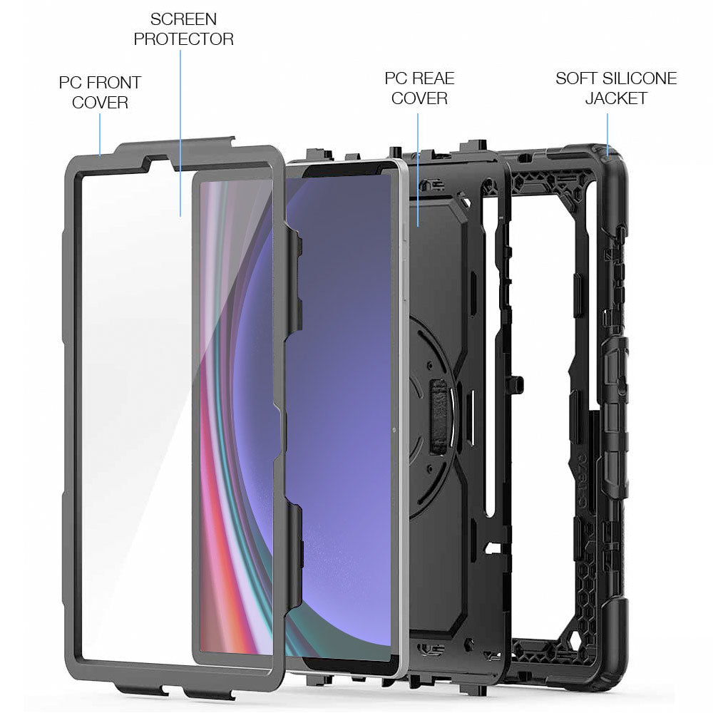 ARMOR-X Samsung Galaxy Tab S9+ S9 Plus SM-X810 / X816 / X818 shockproof case, impact protection cover with hand strap and kick stand. Ultra 3 layers impact resistant design.