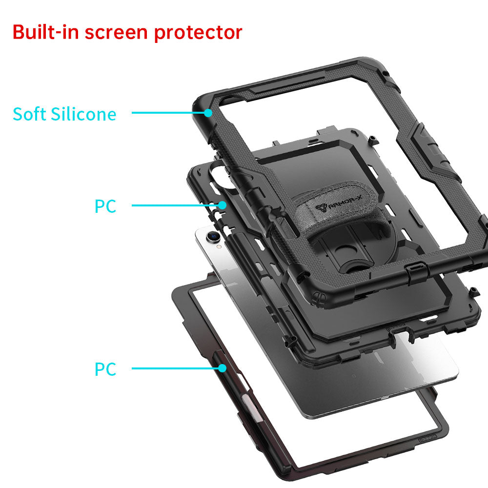 ARMOR-X Samsung Galaxy Tab S12+ S12 Plus SM-X840 / X846 shockproof case, impact protection cover with hand strap and kick stand. Ultra 3 layers impact resistant design.