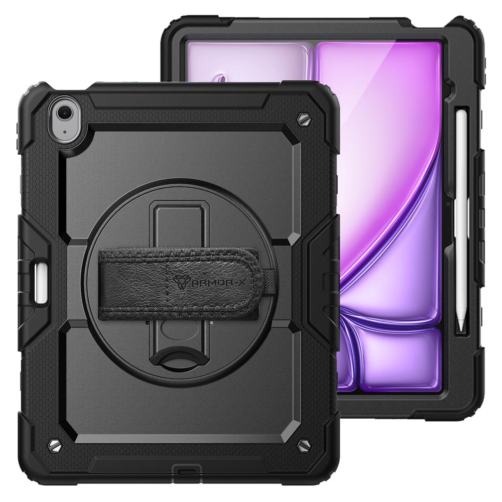 ARMOR-X iPad Air 13 ( M2 ) shockproof case, impact protection cover with hand strap and kick stand. One-handed design for your workplace.